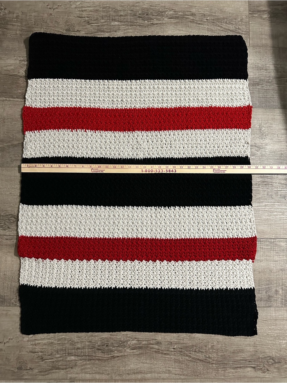 Handmade Black, White & Red Striped Crochet Blanket